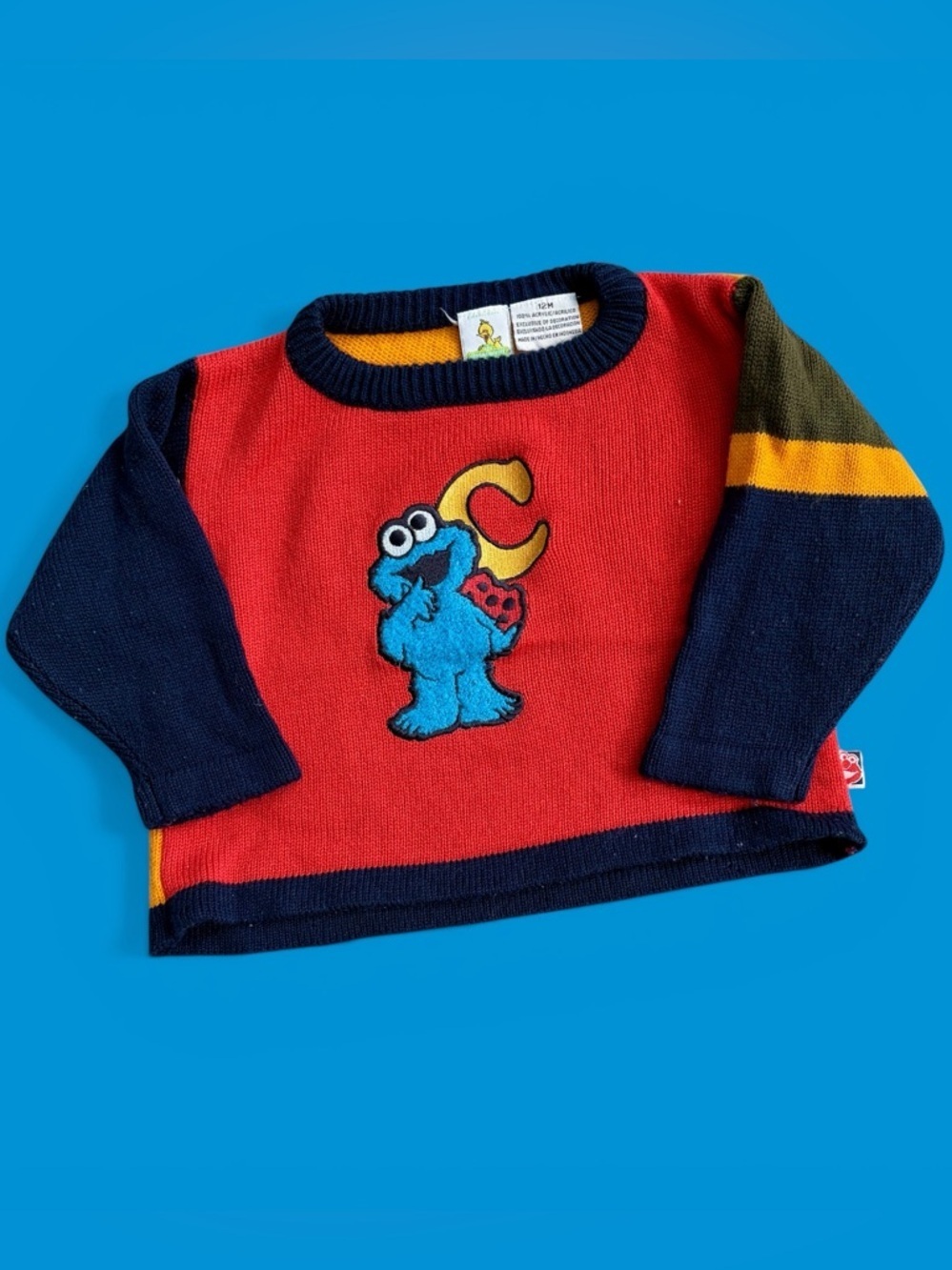 Vtg 70’s Sesame Street Toddler Cookie Monster Sweater Sz 12M Color Block Knit